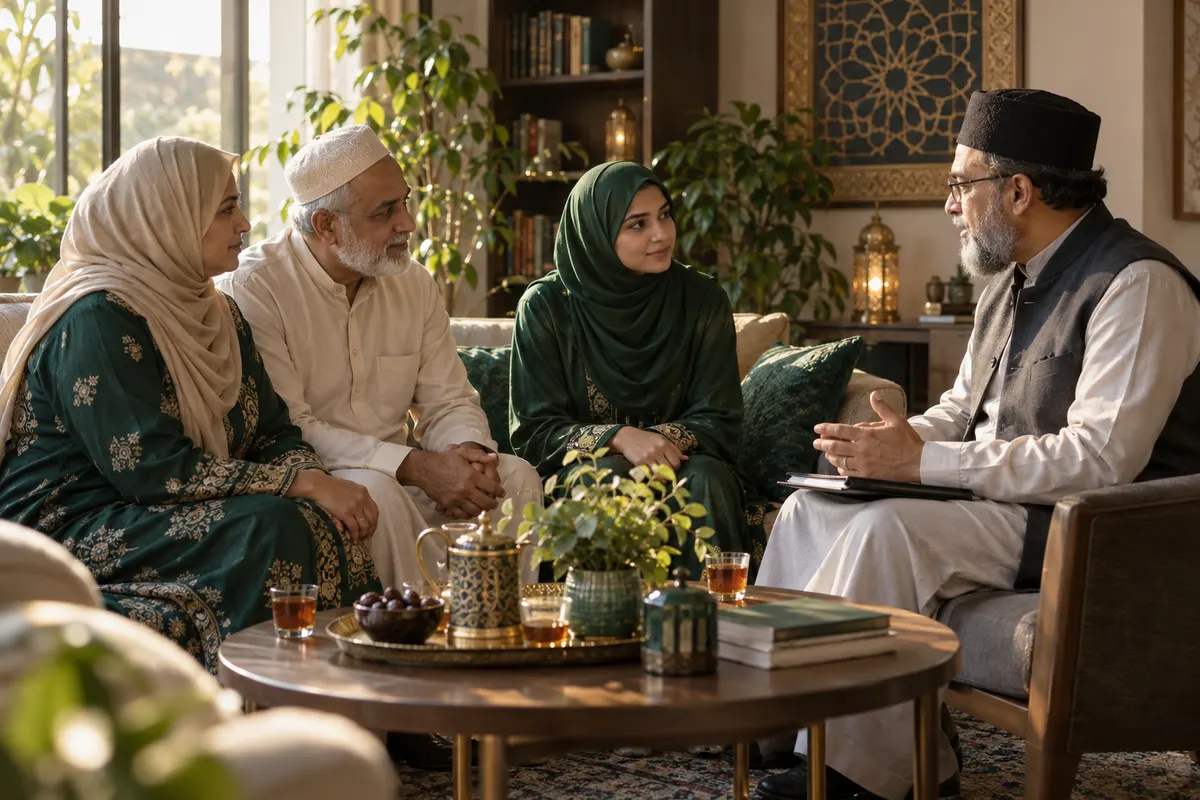 Muslim family receiving confidential guidance together