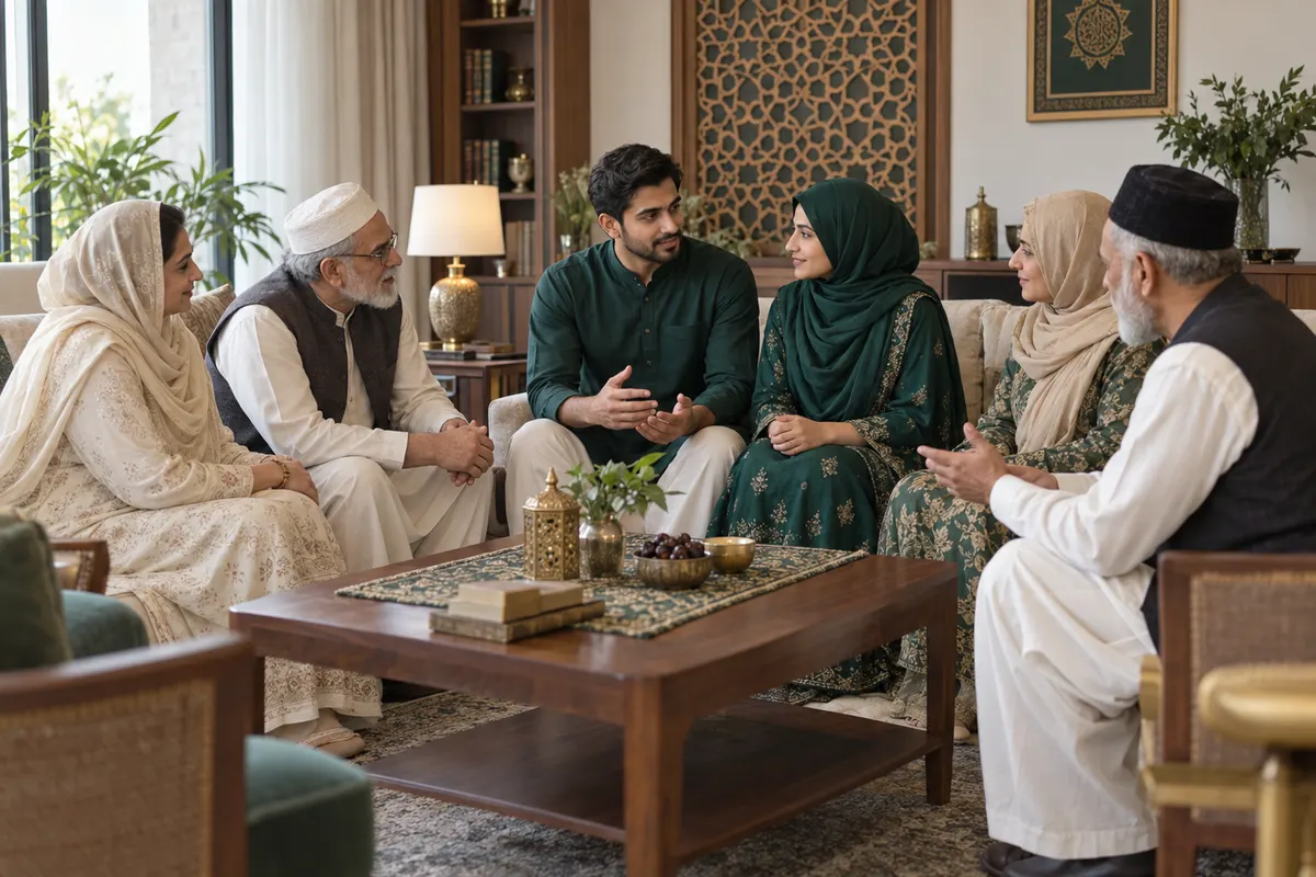 A couple discussing marriage respectfully with both families